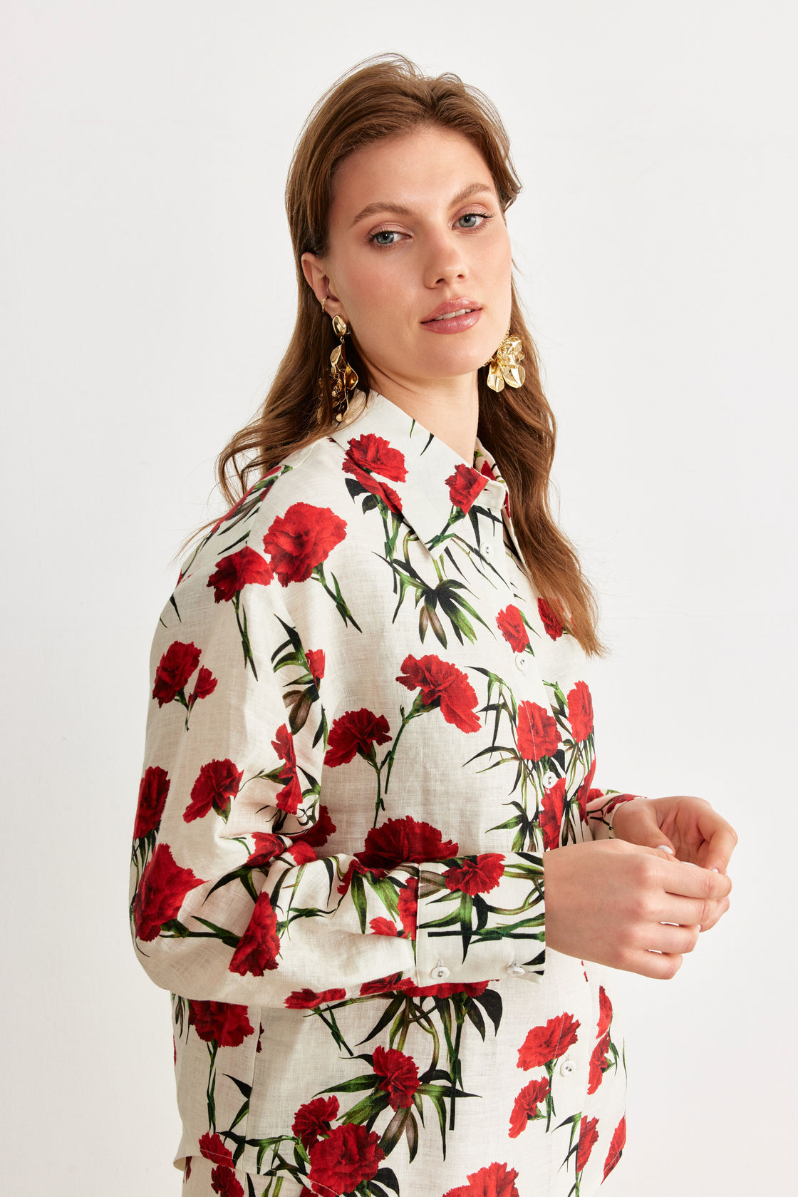 Carnation Print Shirt & Wide-Leg Trouser Set — Ivory/Red