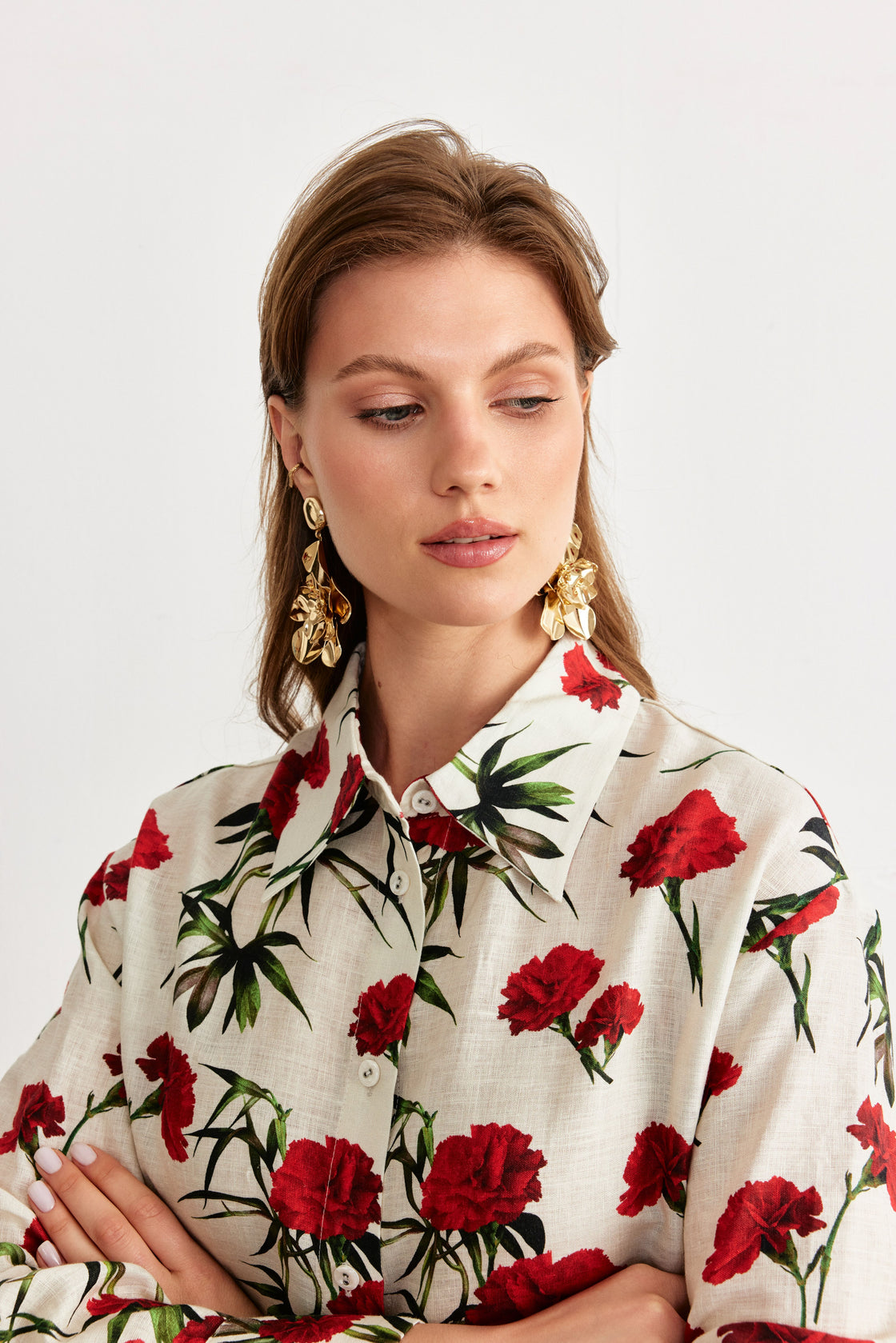 Carnation Print Shirt & Wide-Leg Trouser Set — Ivory/Red