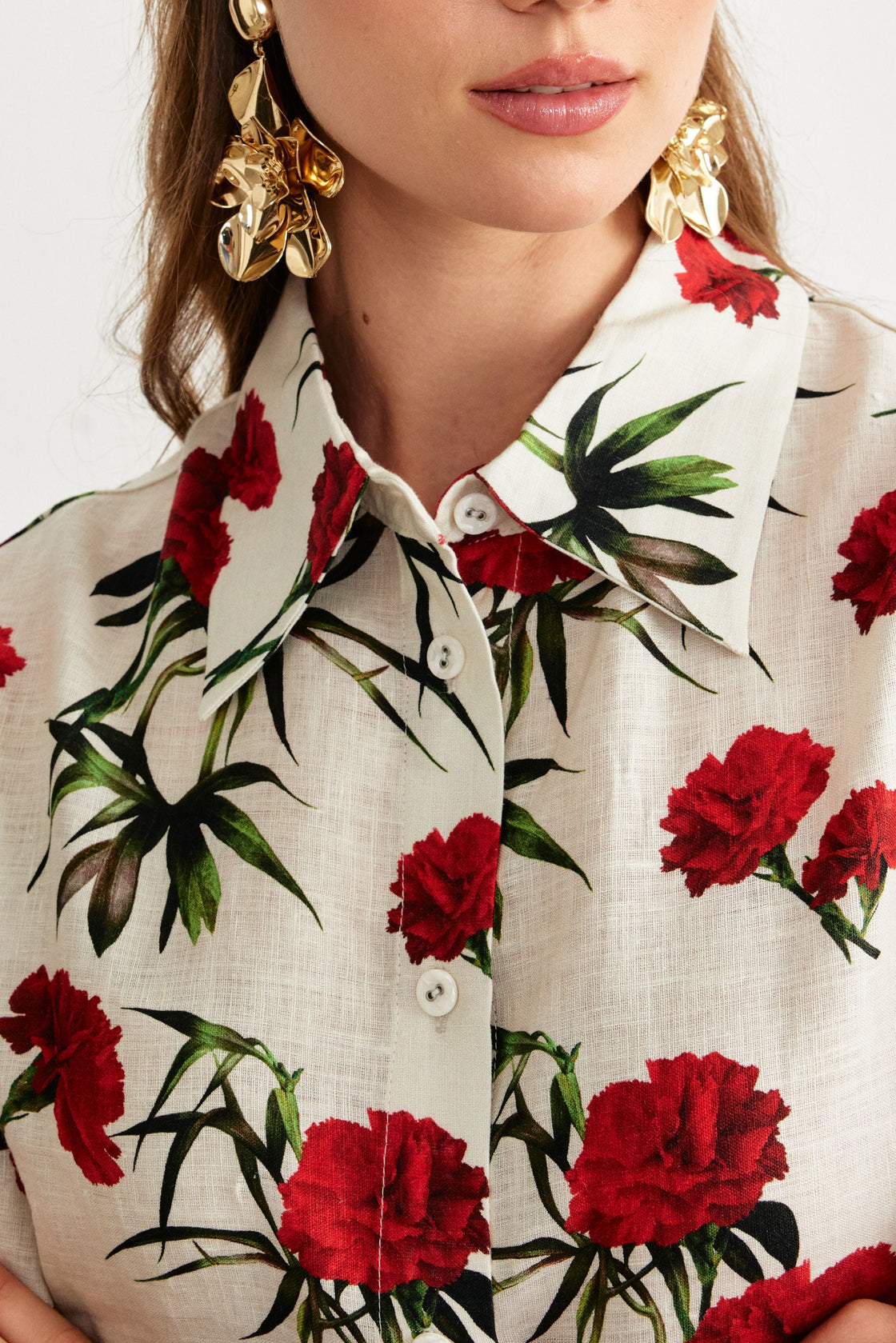 Carnation Print Shirt & Wide-Leg Trouser Set — Ivory/Red