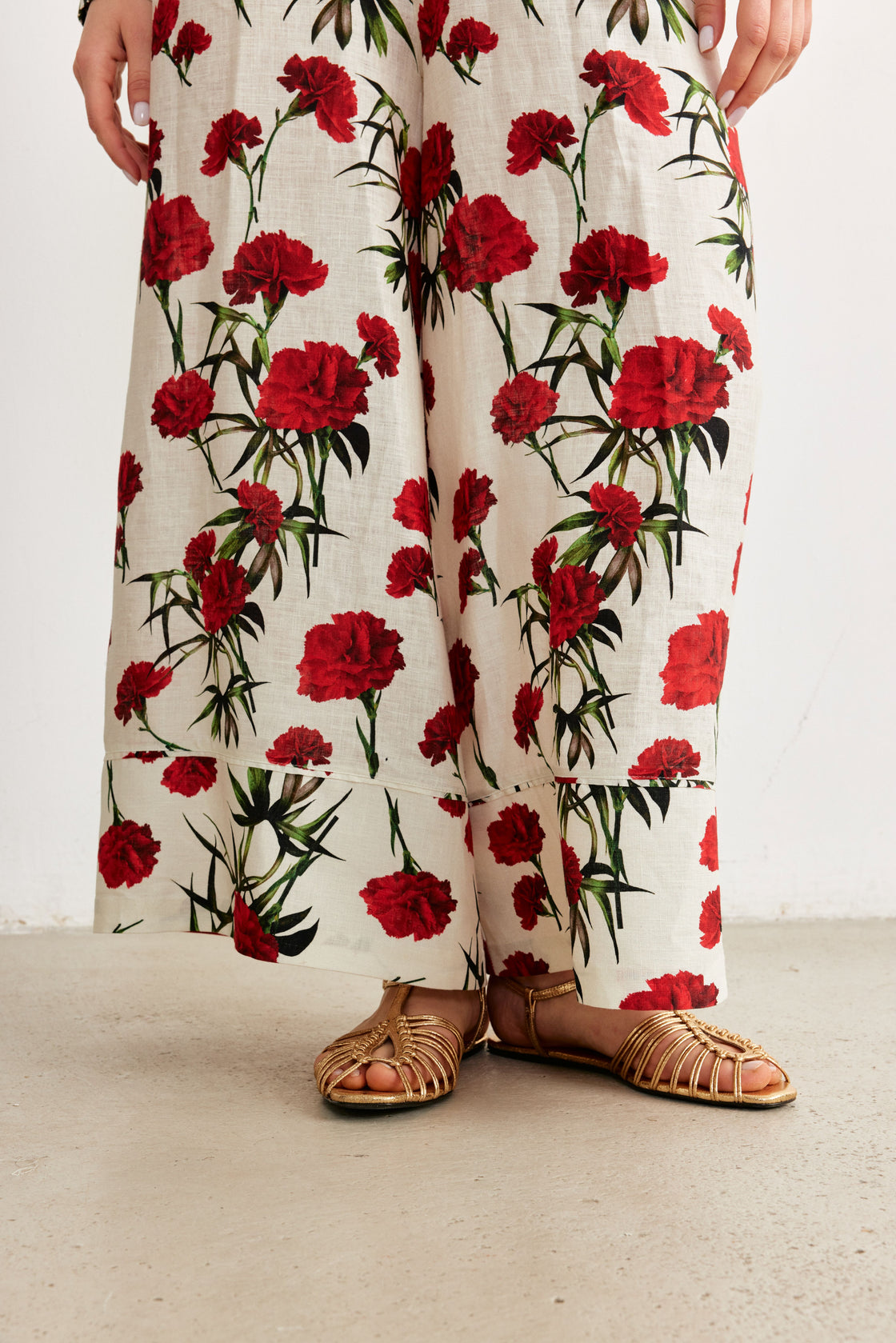 Carnation Print Shirt & Wide-Leg Trouser Set — Ivory/Red