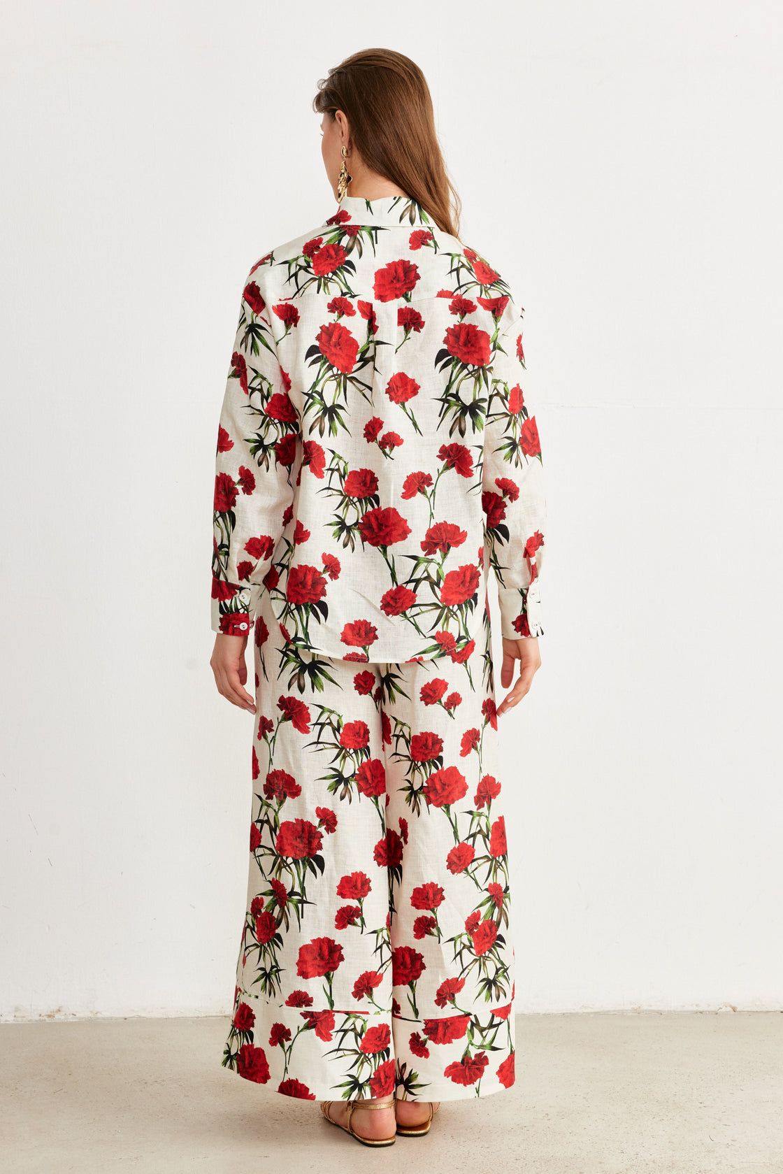 Carnation Print Shirt & Wide-Leg Trouser Set — Ivory/Red