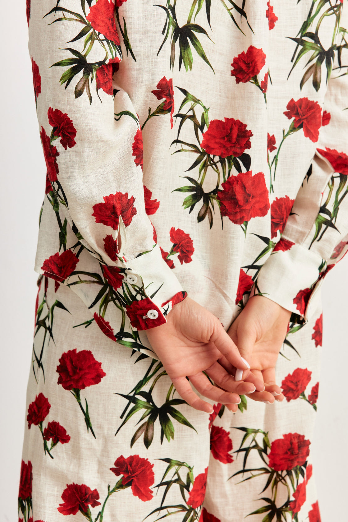Carnation Print Shirt & Wide-Leg Trouser Set — Ivory/Red