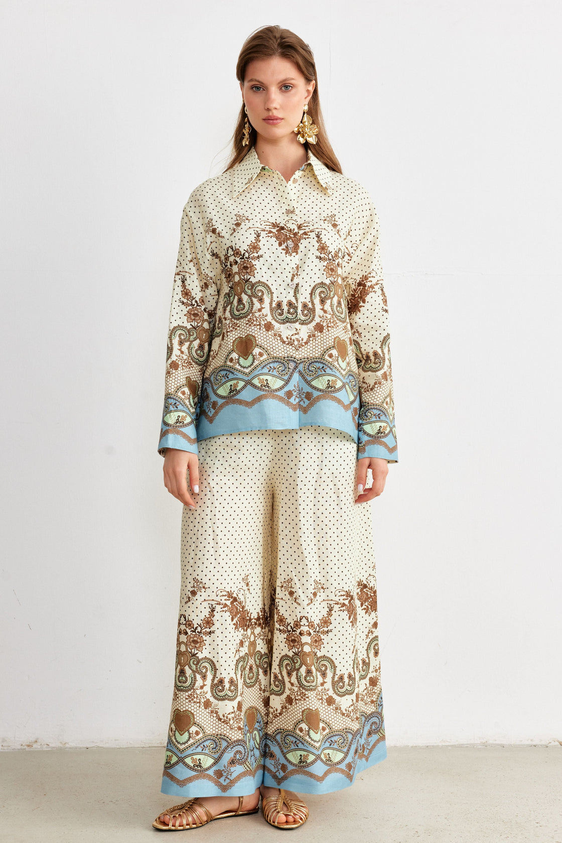 Ornamental Border Print Shirt & Wide-Leg Trouser Set — Cream/Blue