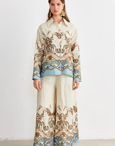 Ornamental Border Print Shirt & Wide-Leg Trouser Set — Cream/Blue