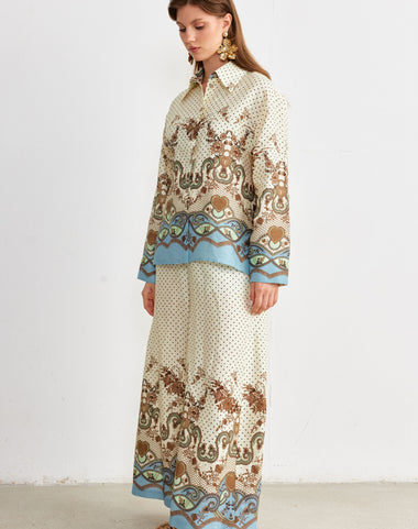 Ornamental Border Print Shirt & Wide-Leg Trouser Set — Cream/Blue