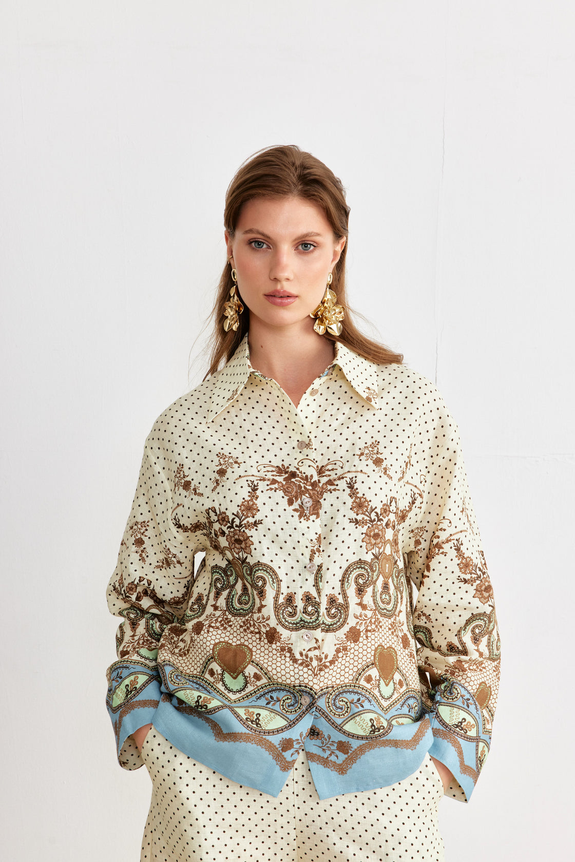 Ornamental Border Print Shirt & Wide-Leg Trouser Set — Cream/Blue
