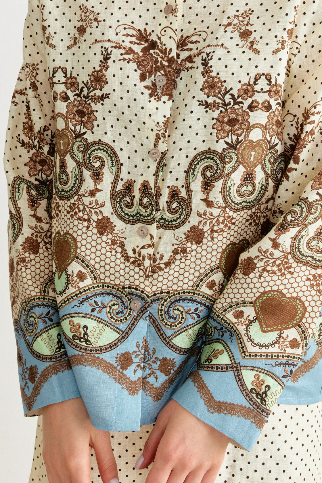 Ornamental Border Print Shirt & Wide-Leg Trouser Set — Cream/Blue