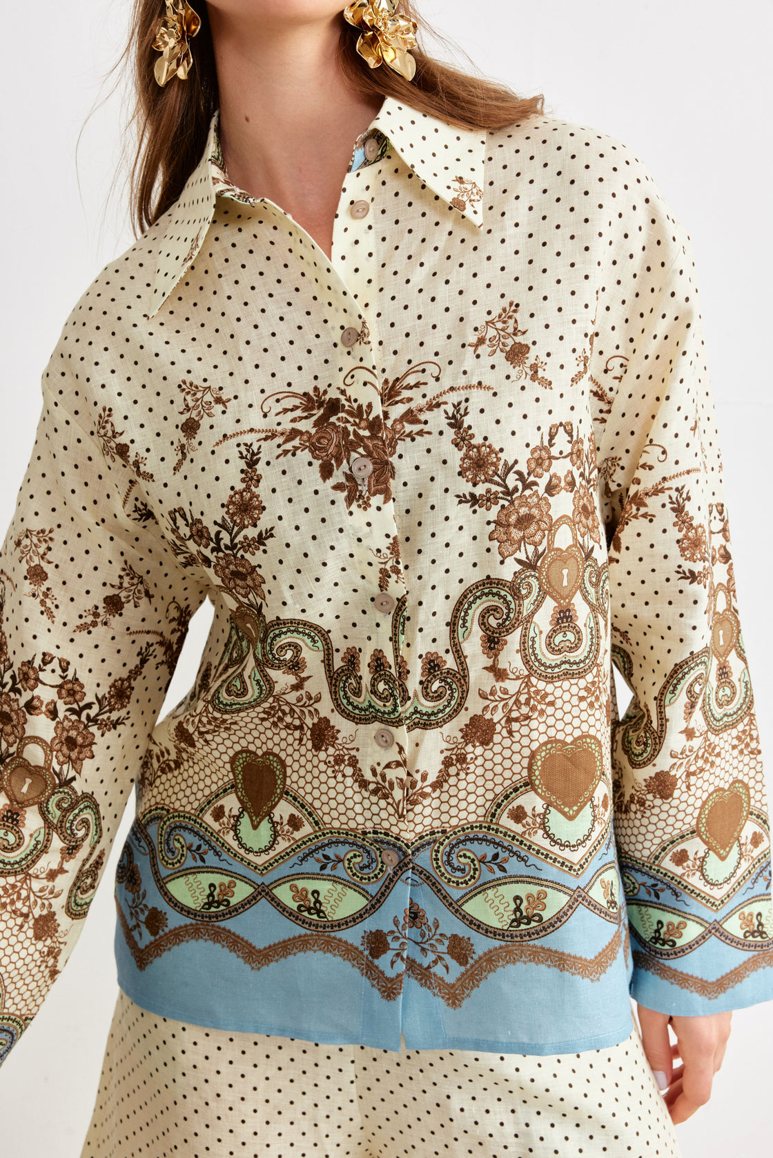 Ornamental Border Print Shirt & Wide-Leg Trouser Set — Cream/Blue