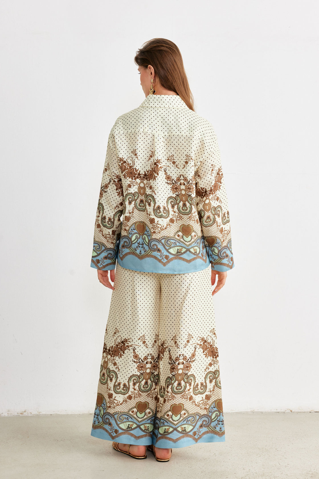 Ornamental Border Print Shirt & Wide-Leg Trouser Set — Cream/Blue