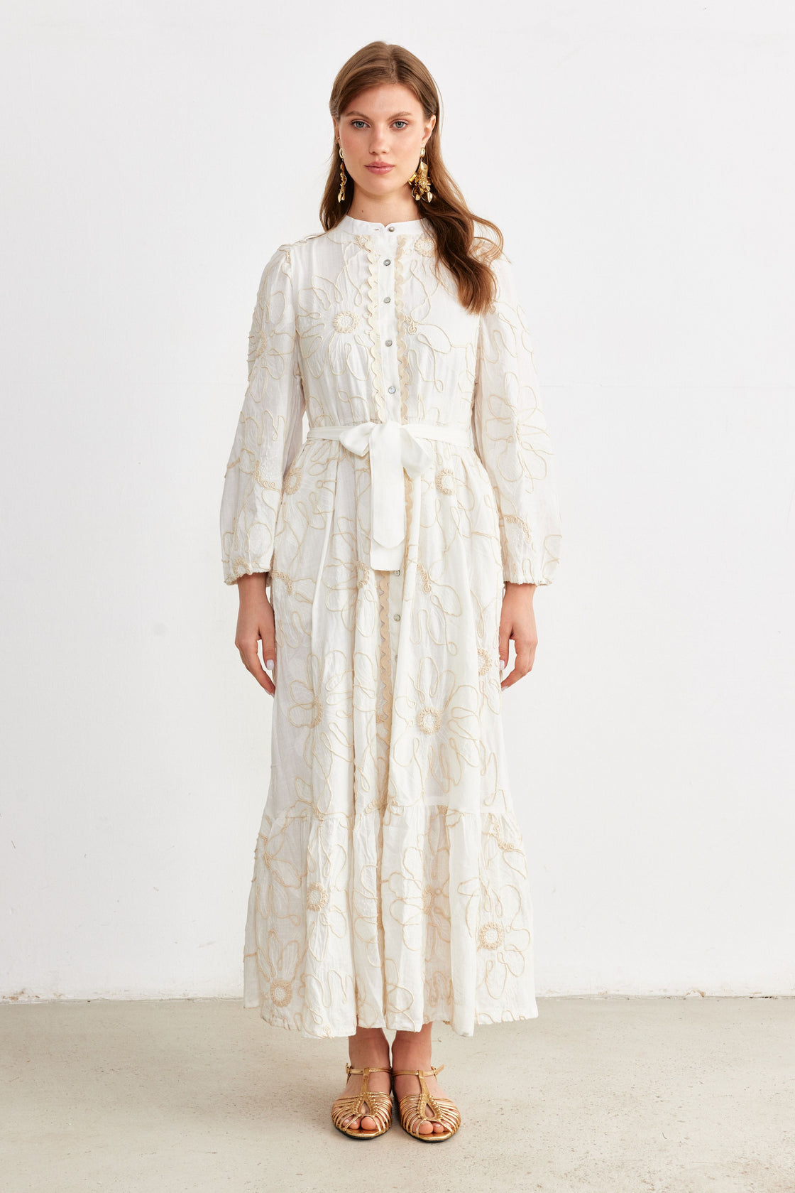 Cord-Embroidered Maxi Shirt Dress — Ivory