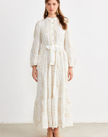 Cord-Embroidered Maxi Shirt Dress — Ivory