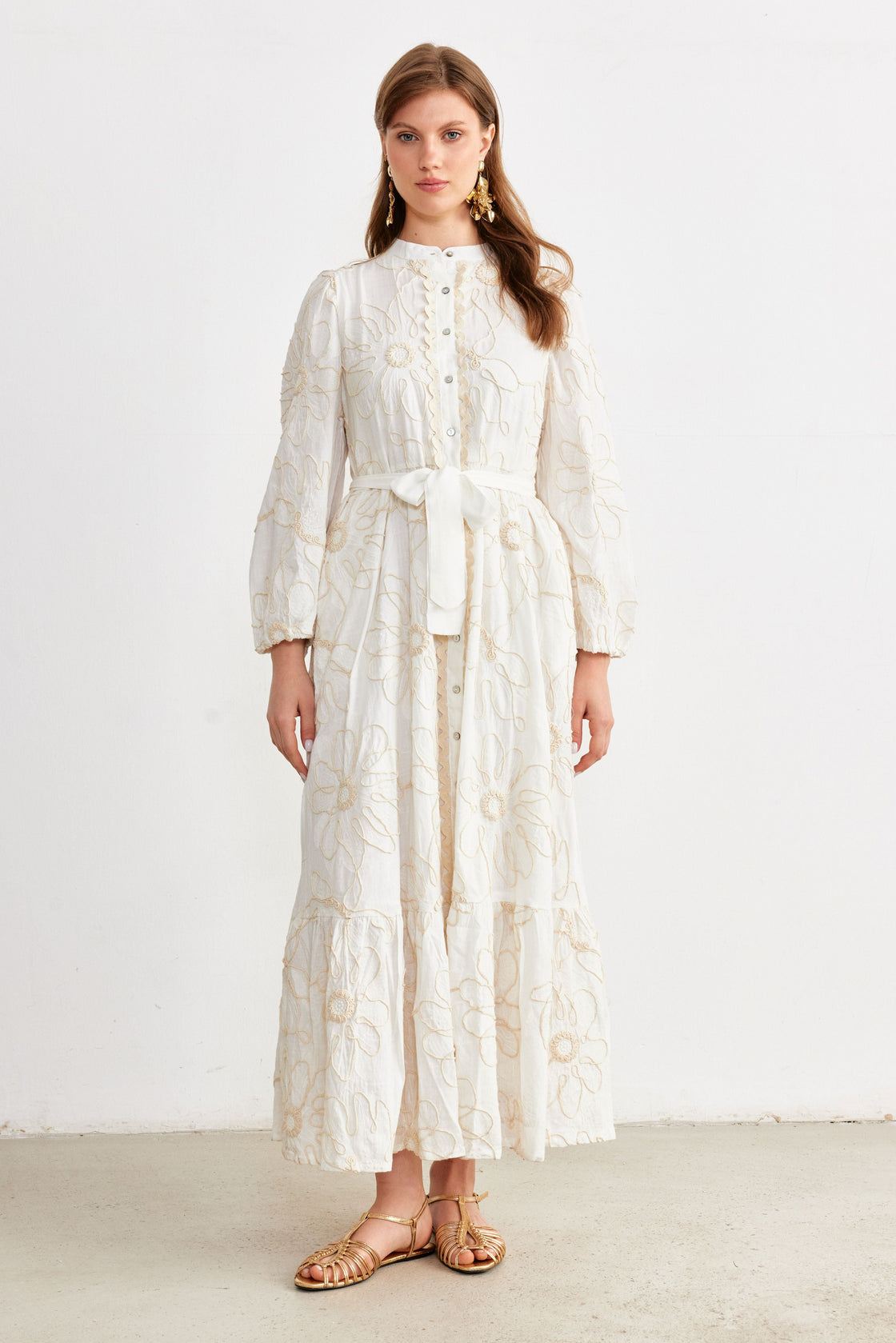 Cord-Embroidered Maxi Shirt Dress — Ivory