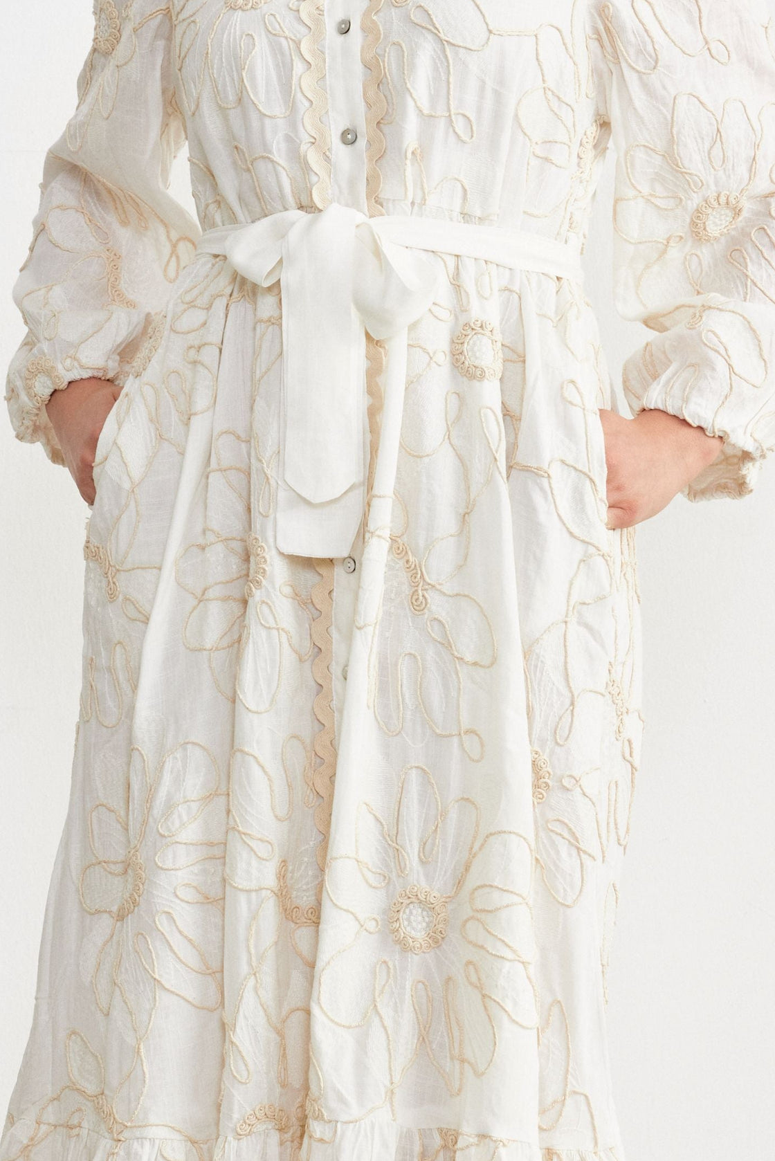 Cord-Embroidered Maxi Shirt Dress — Ivory
