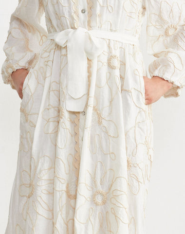 Cord-Embroidered Maxi Shirt Dress — Ivory