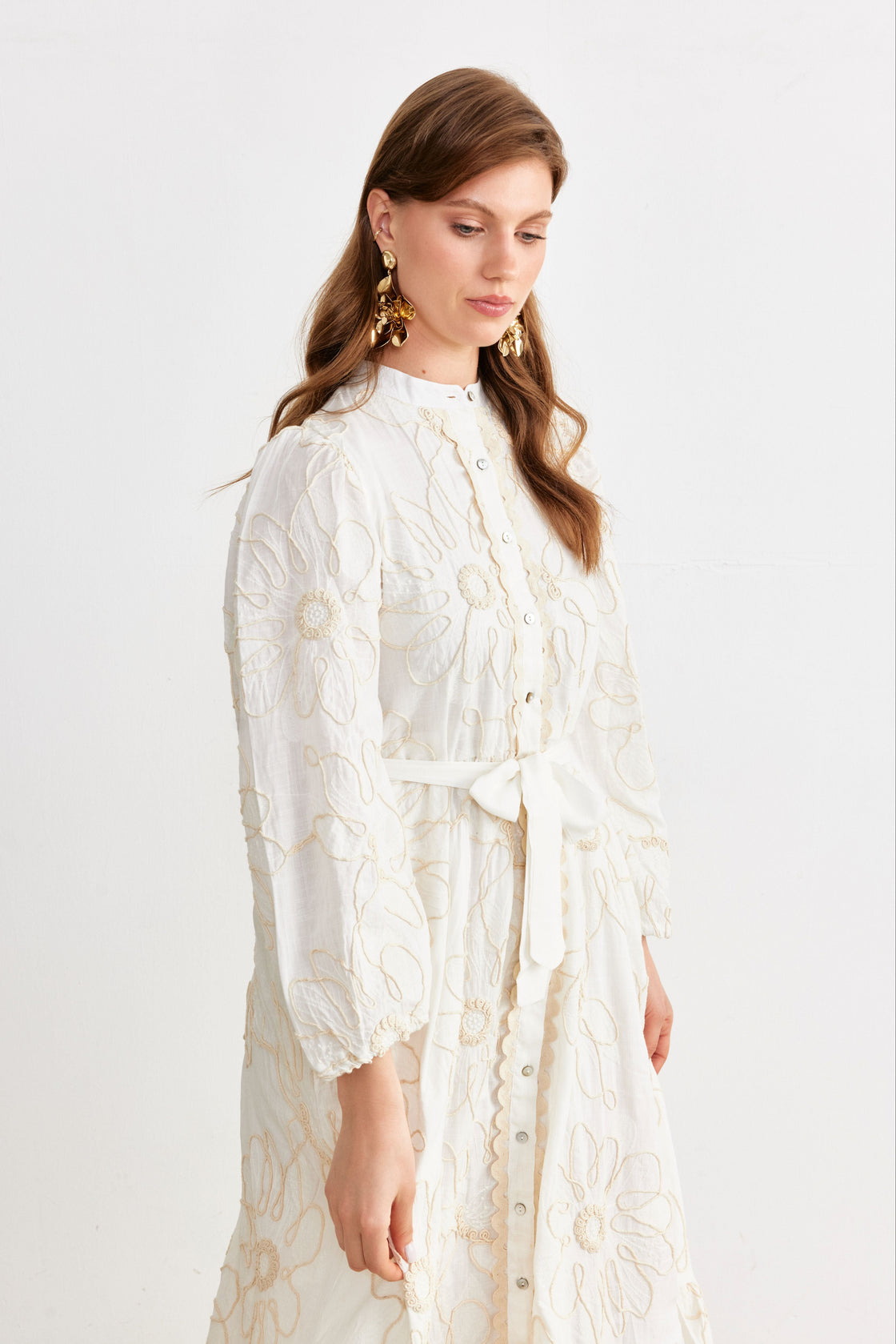 Cord-Embroidered Maxi Shirt Dress — Ivory