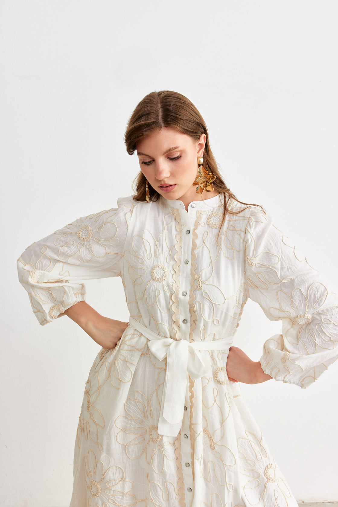 Cord-Embroidered Maxi Shirt Dress — Ivory