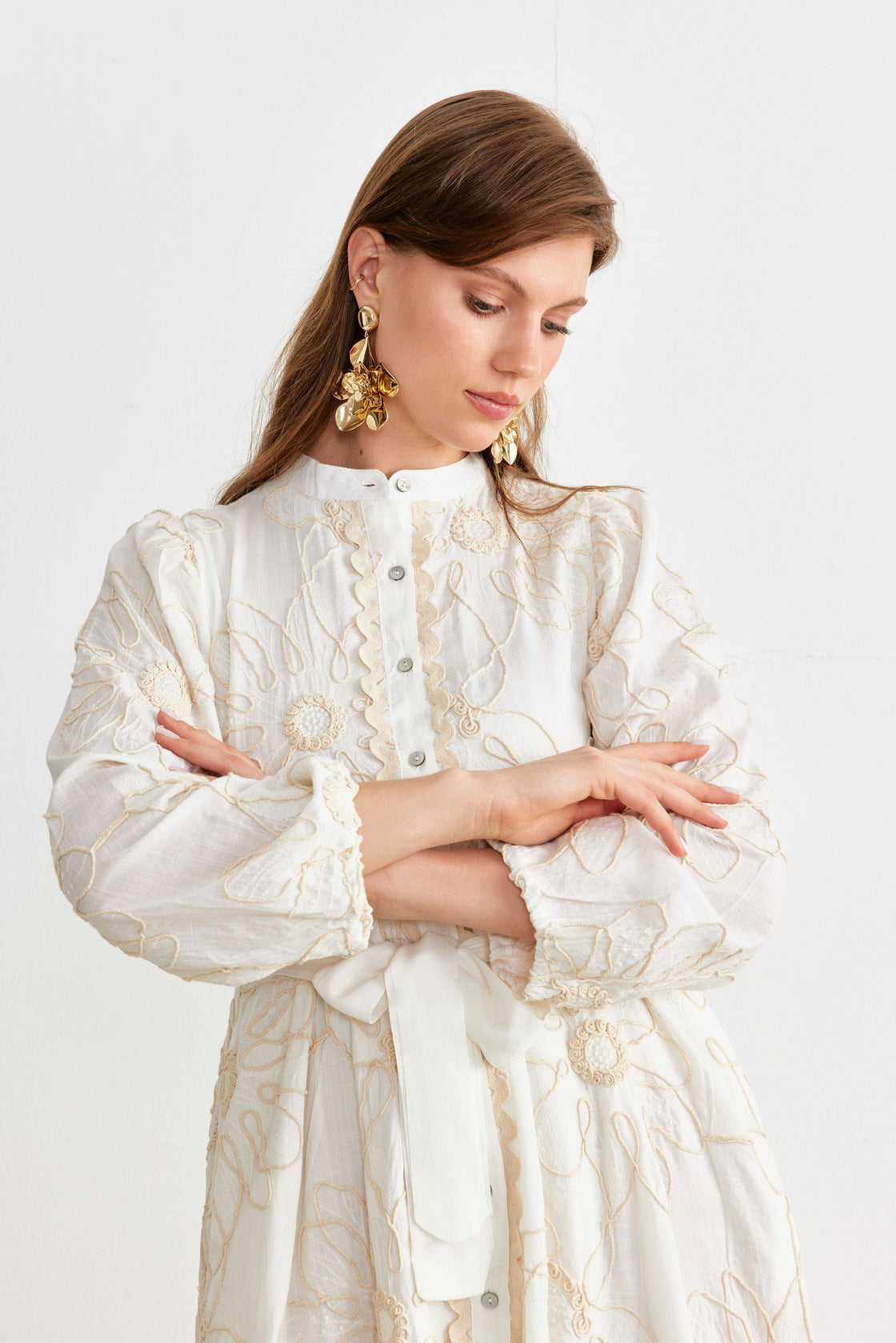 Cord-Embroidered Maxi Shirt Dress — Ivory