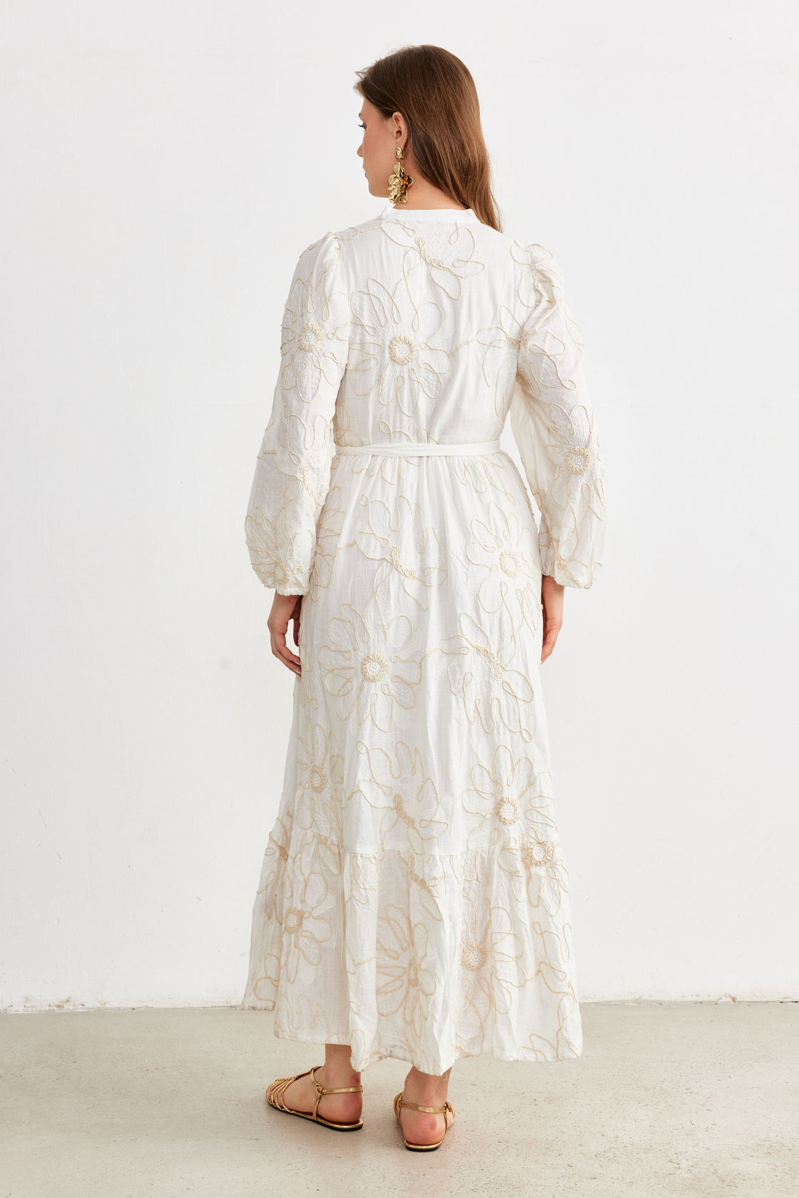 Cord-Embroidered Maxi Shirt Dress — Ivory