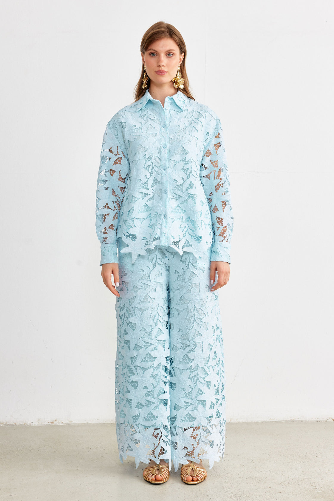 Floral Guipure Lace Shirt & Wide-Leg Trouser Set — Ice Blue