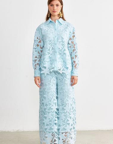 Floral Guipure Lace Shirt & Wide-Leg Trouser Set — Ice Blue