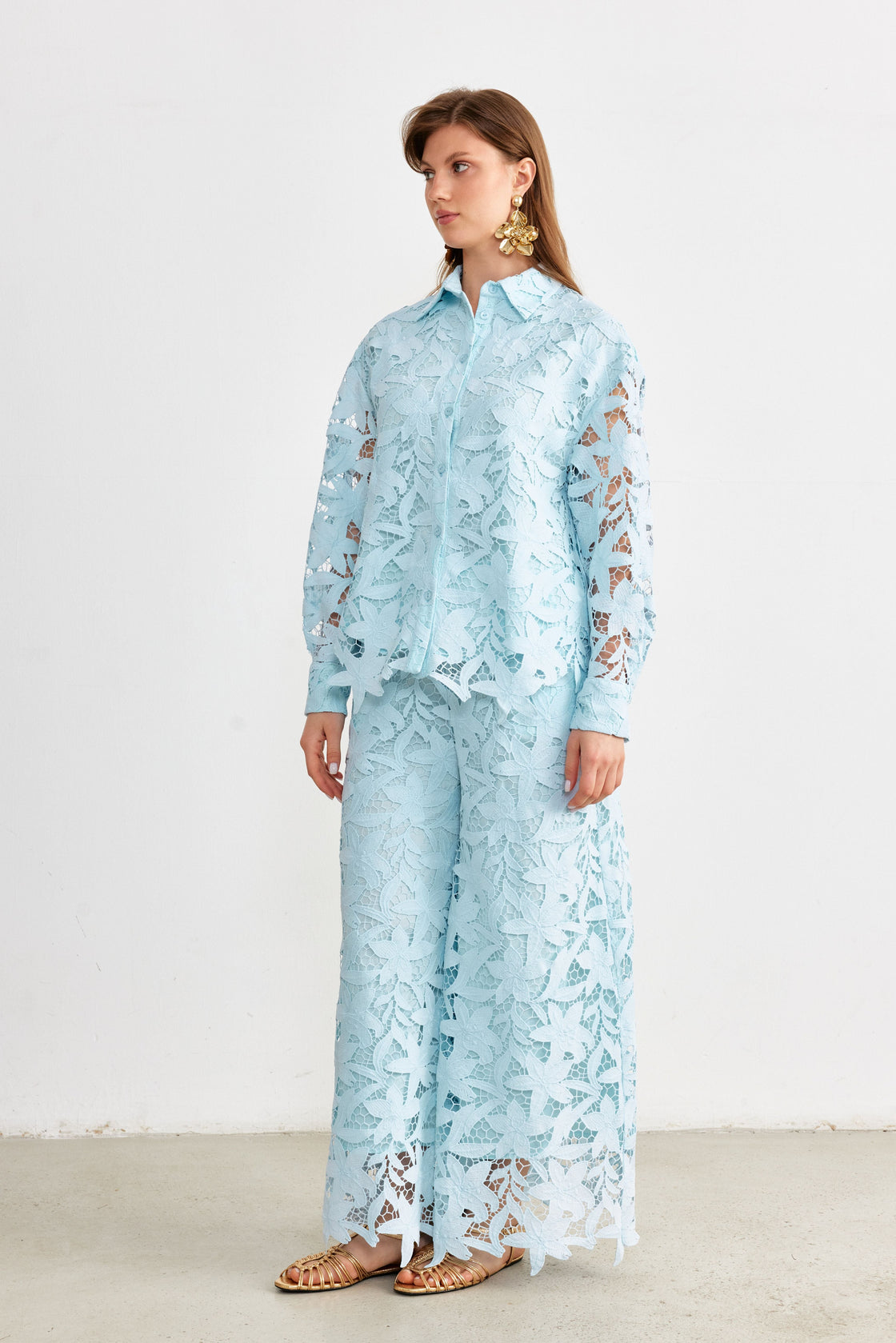 Floral Guipure Lace Shirt & Wide-Leg Trouser Set — Ice Blue
