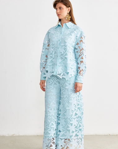 Floral Guipure Lace Shirt & Wide-Leg Trouser Set — Ice Blue