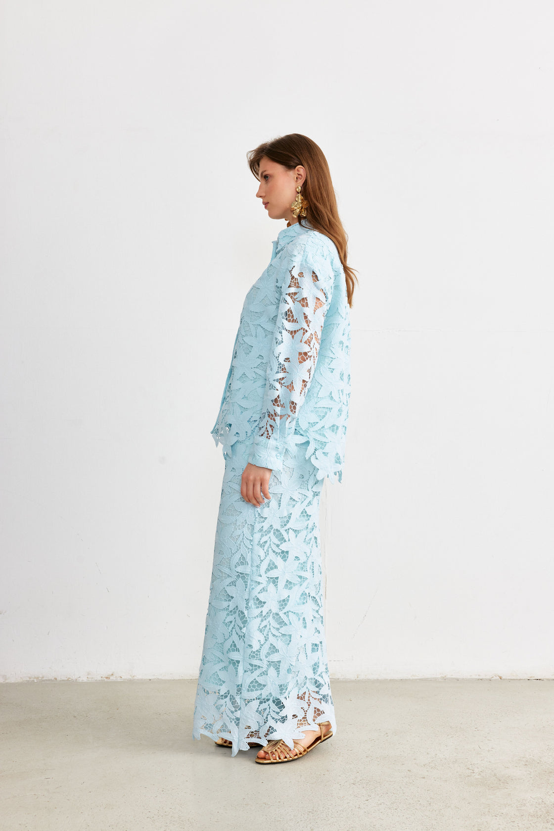Floral Guipure Lace Shirt & Wide-Leg Trouser Set — Ice Blue