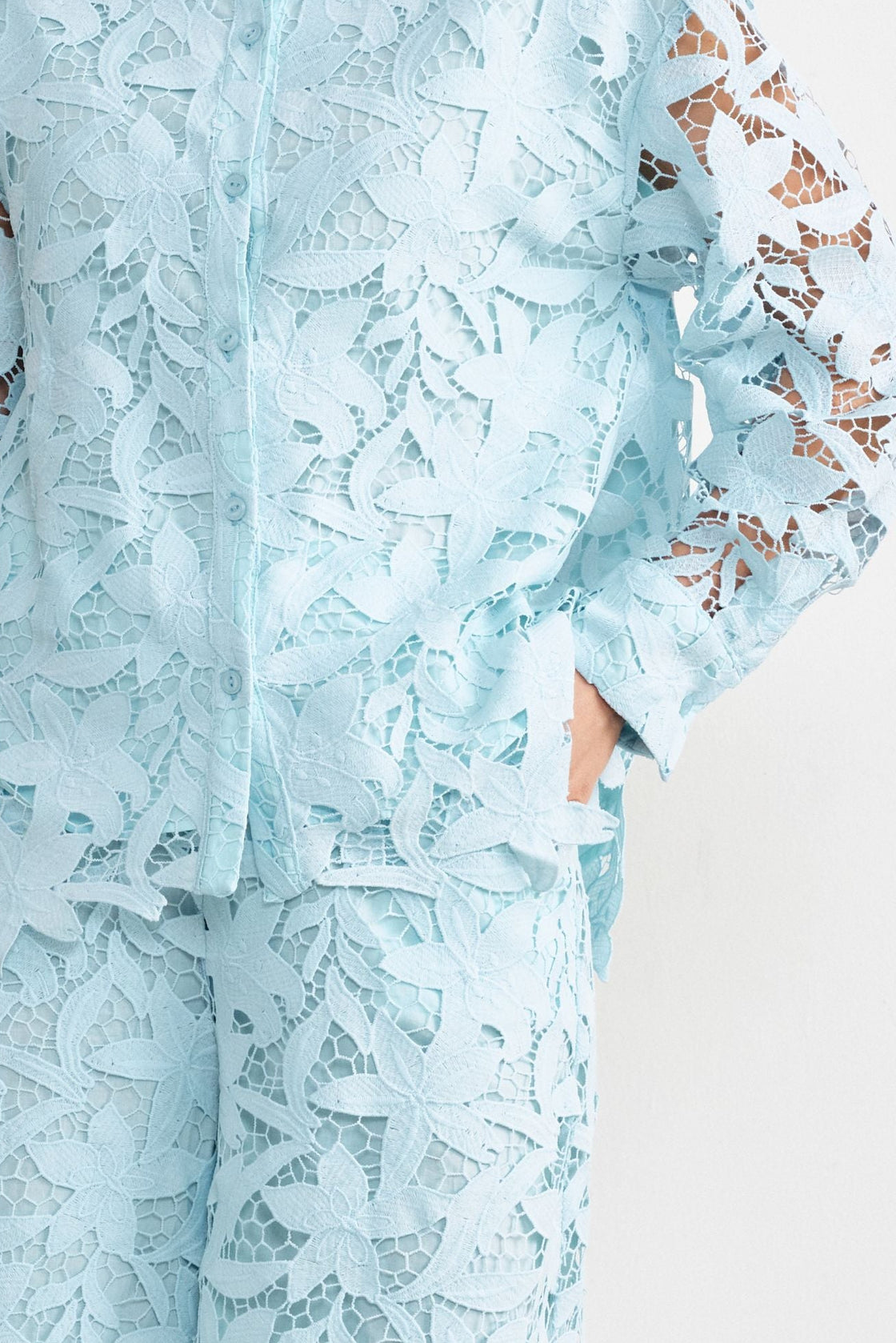 Floral Guipure Lace Shirt & Wide-Leg Trouser Set — Ice Blue