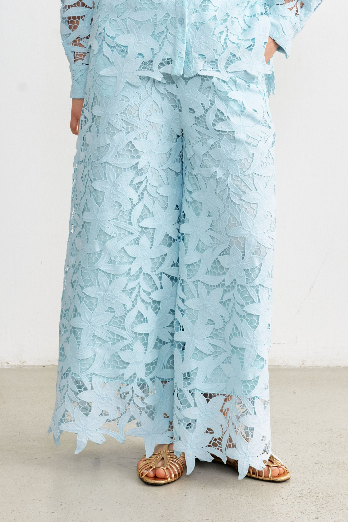 Floral Guipure Lace Shirt & Wide-Leg Trouser Set — Ice Blue