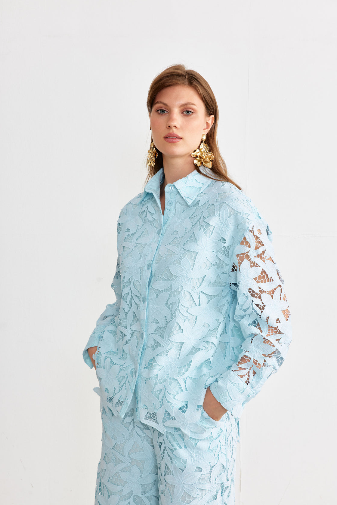 Floral Guipure Lace Shirt & Wide-Leg Trouser Set — Ice Blue