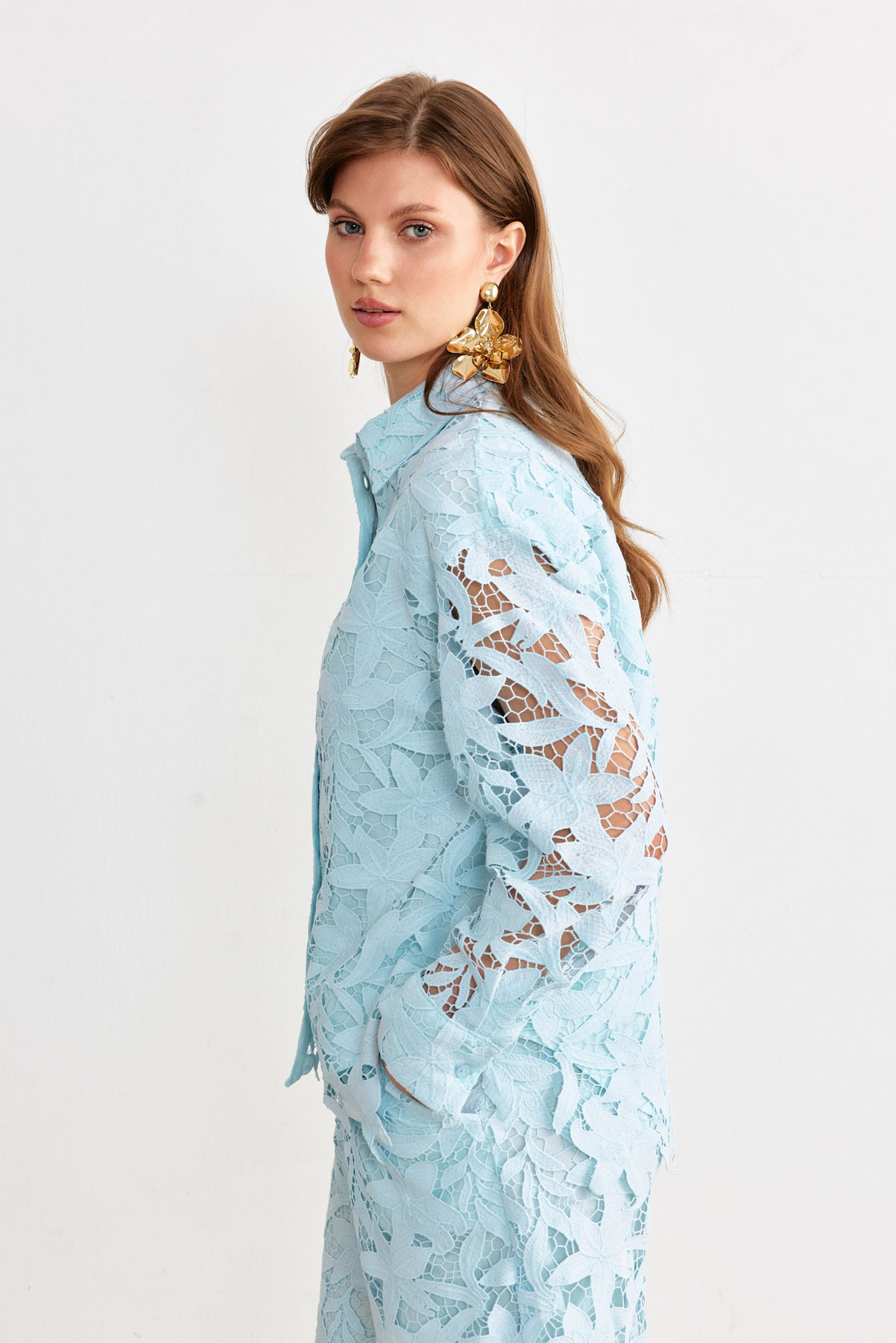 Floral Guipure Lace Shirt & Wide-Leg Trouser Set — Ice Blue