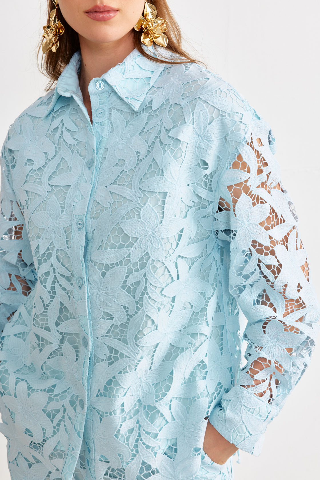Floral Guipure Lace Shirt & Wide-Leg Trouser Set — Ice Blue