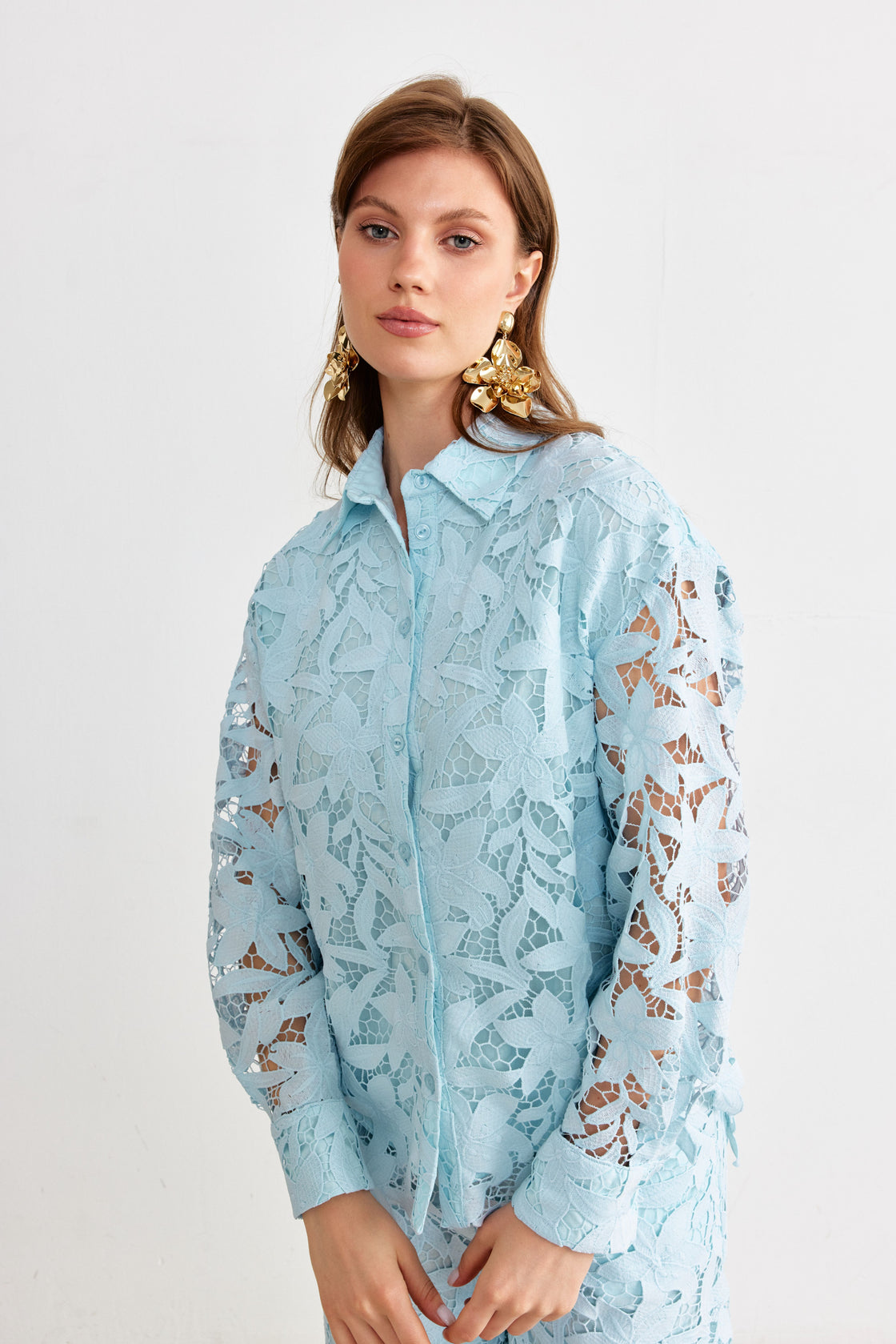 Floral Guipure Lace Shirt & Wide-Leg Trouser Set — Ice Blue