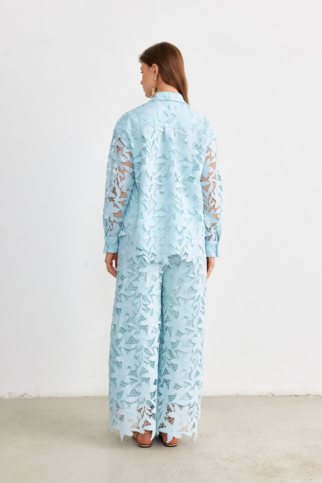Floral Guipure Lace Shirt & Wide-Leg Trouser Set — Ice Blue
