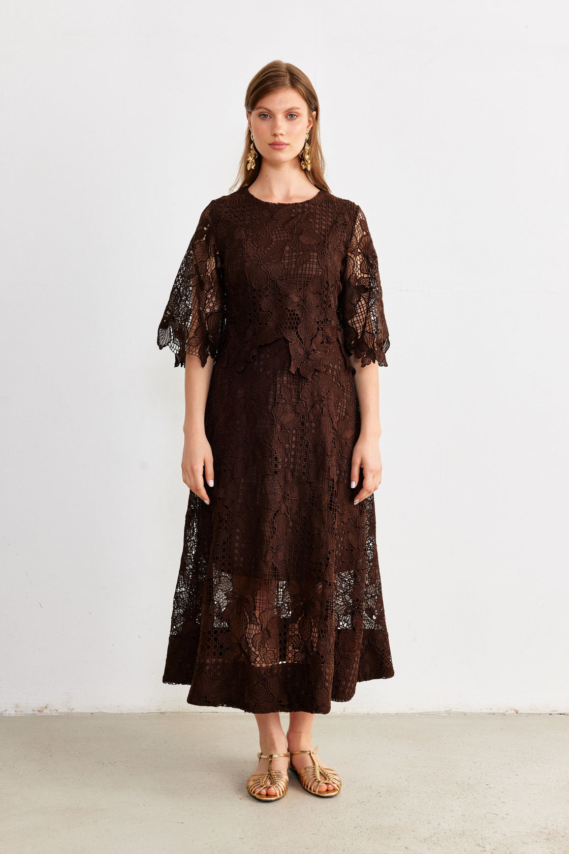 Layered Guipure Lace Maxi Dress — Chocolate Brown