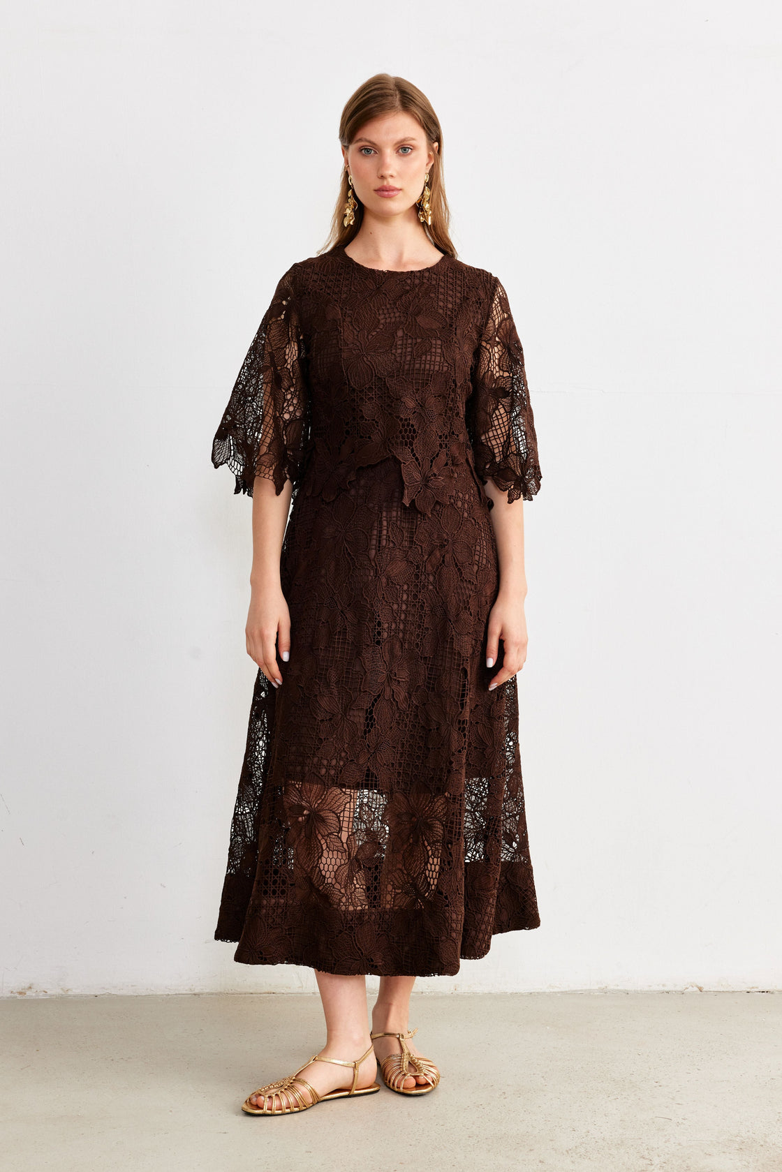 Layered Guipure Lace Maxi Dress — Chocolate Brown