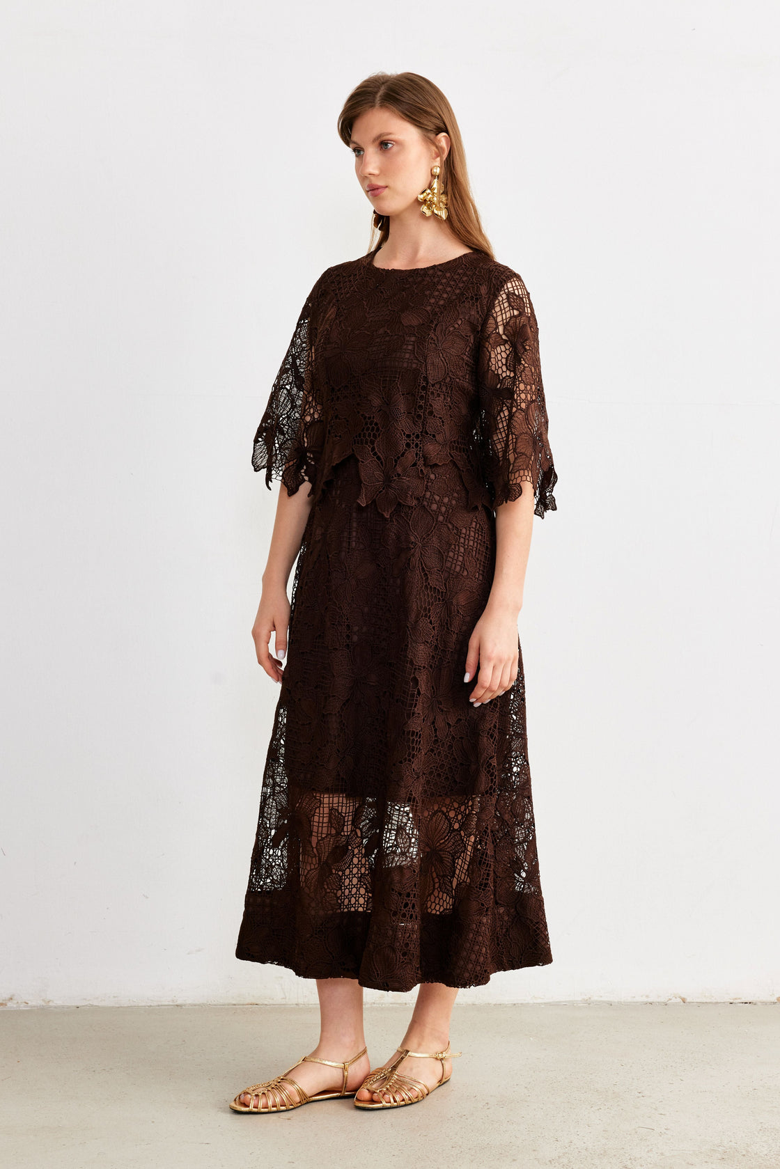 Layered Guipure Lace Maxi Dress — Chocolate Brown