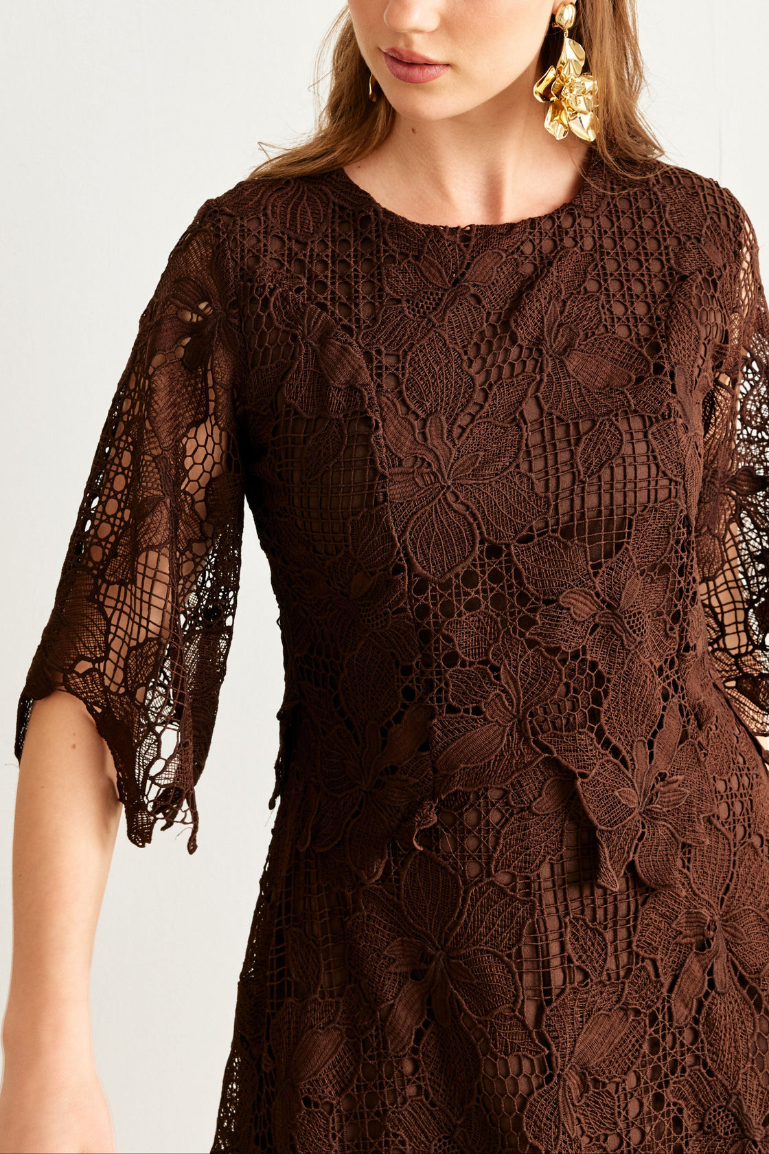 Layered Guipure Lace Maxi Dress — Chocolate Brown