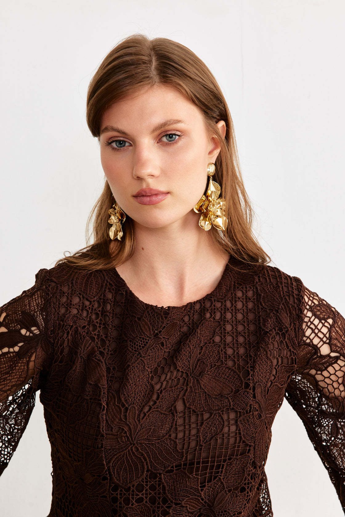 Layered Guipure Lace Maxi Dress — Chocolate Brown