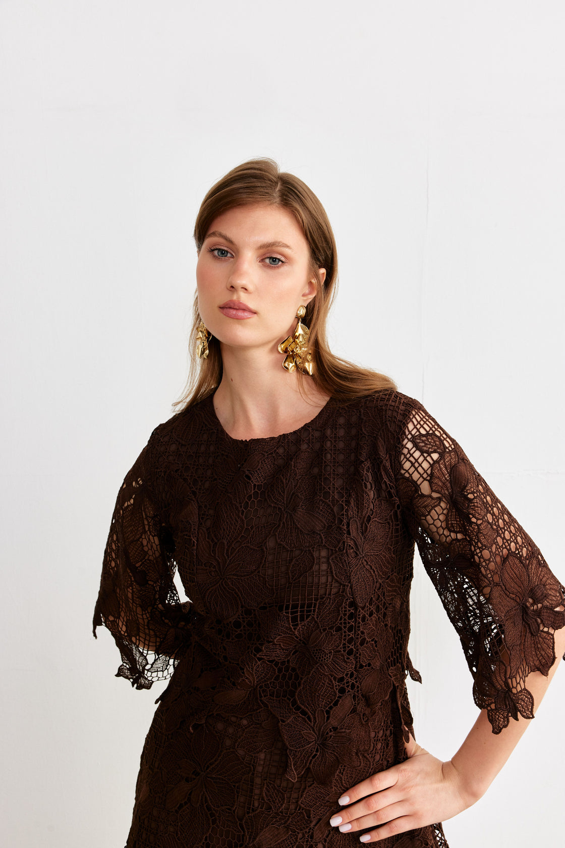 Layered Guipure Lace Maxi Dress — Chocolate Brown
