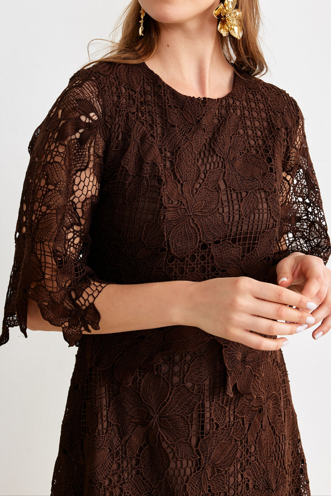 Layered Guipure Lace Maxi Dress — Chocolate Brown