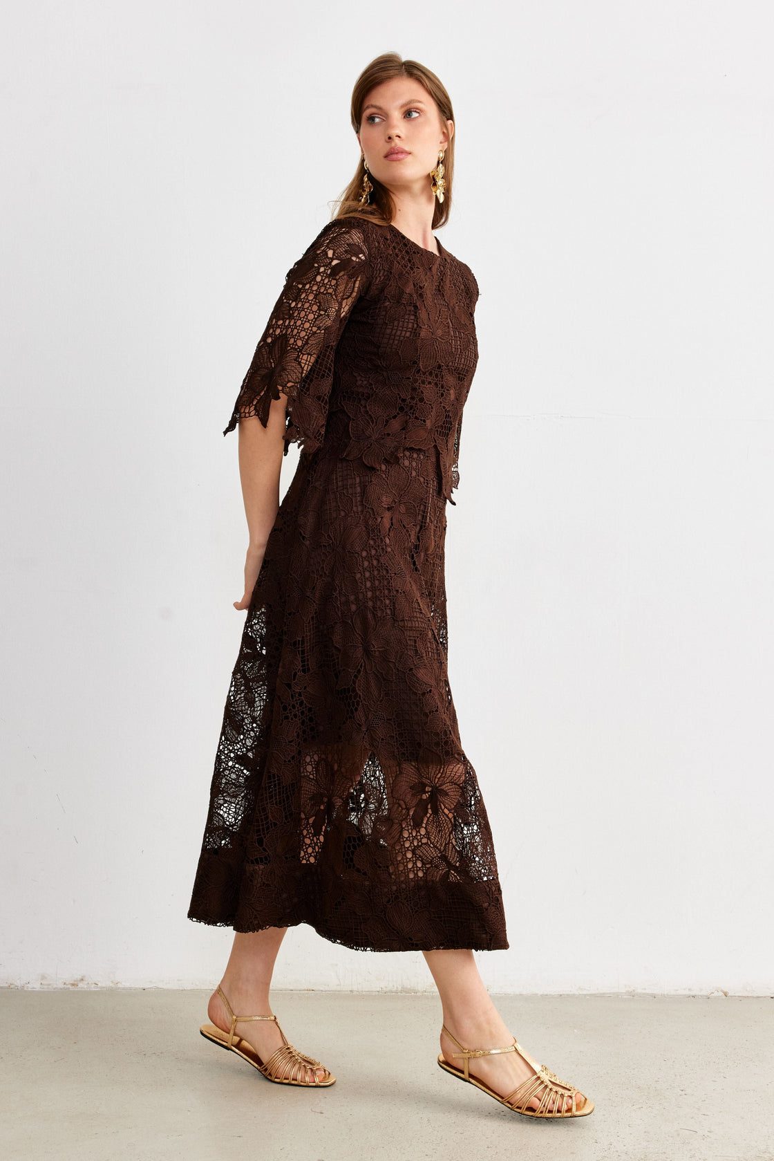 Layered Guipure Lace Maxi Dress — Chocolate Brown