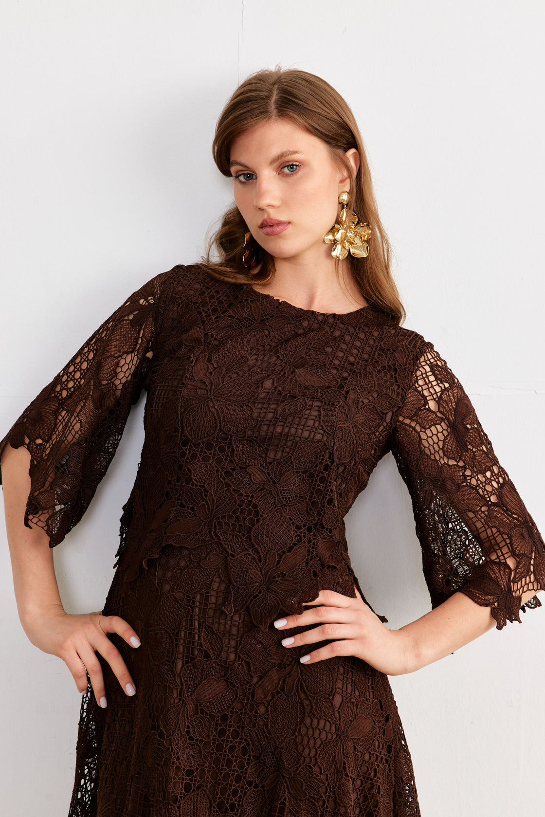 Layered Guipure Lace Maxi Dress — Chocolate Brown