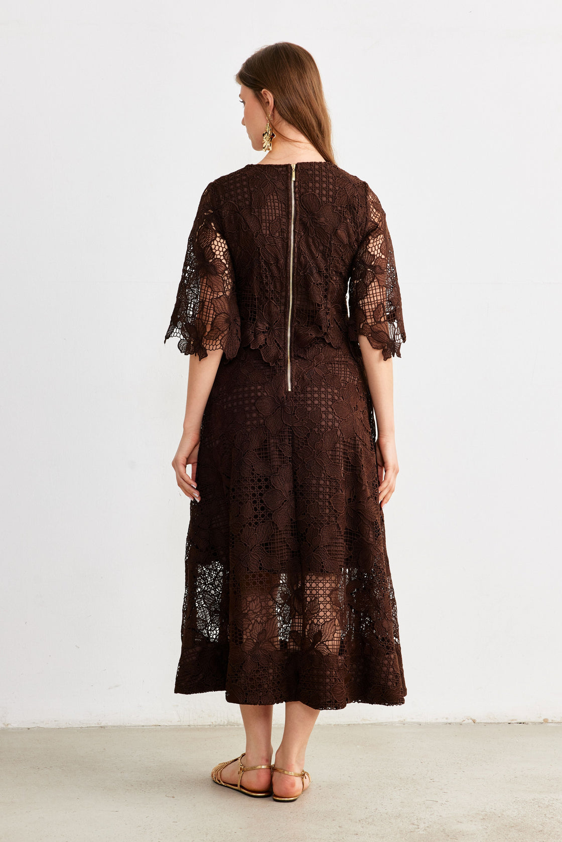 Layered Guipure Lace Maxi Dress — Chocolate Brown