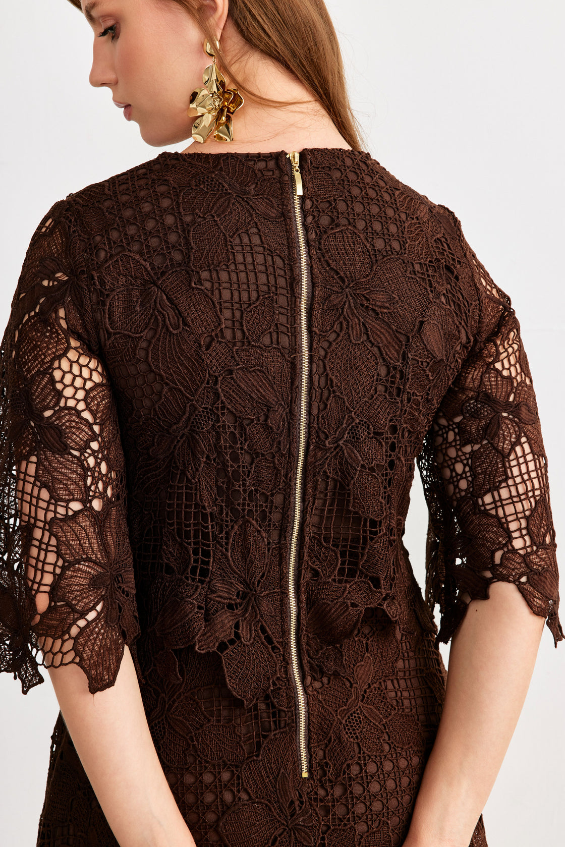 Layered Guipure Lace Maxi Dress — Chocolate Brown