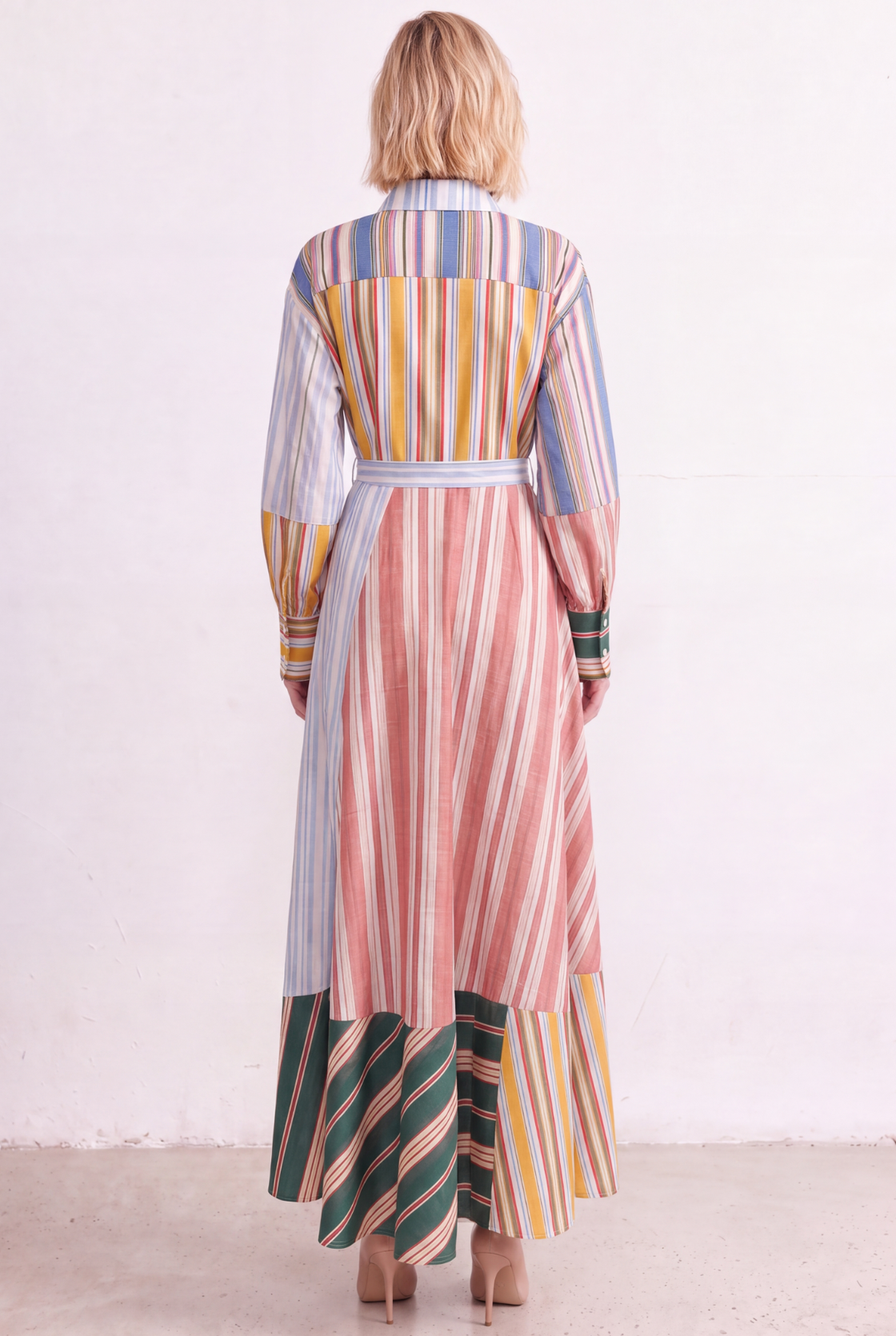 Artisan Stripe Patchwork Linen Maxi Dress back view
