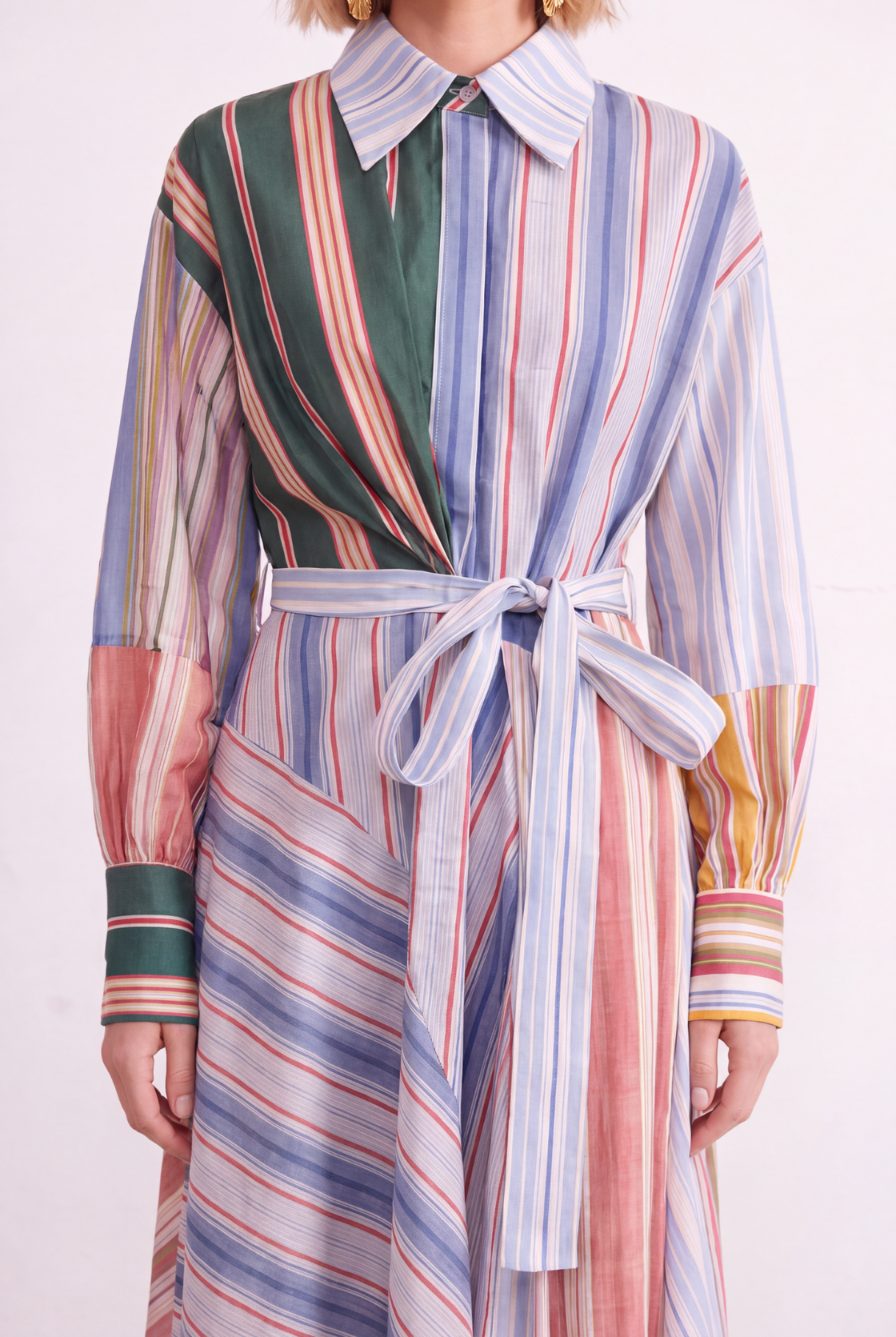 Artisan Stripe Patchwork Linen Maxi Dress bodice and belt detail