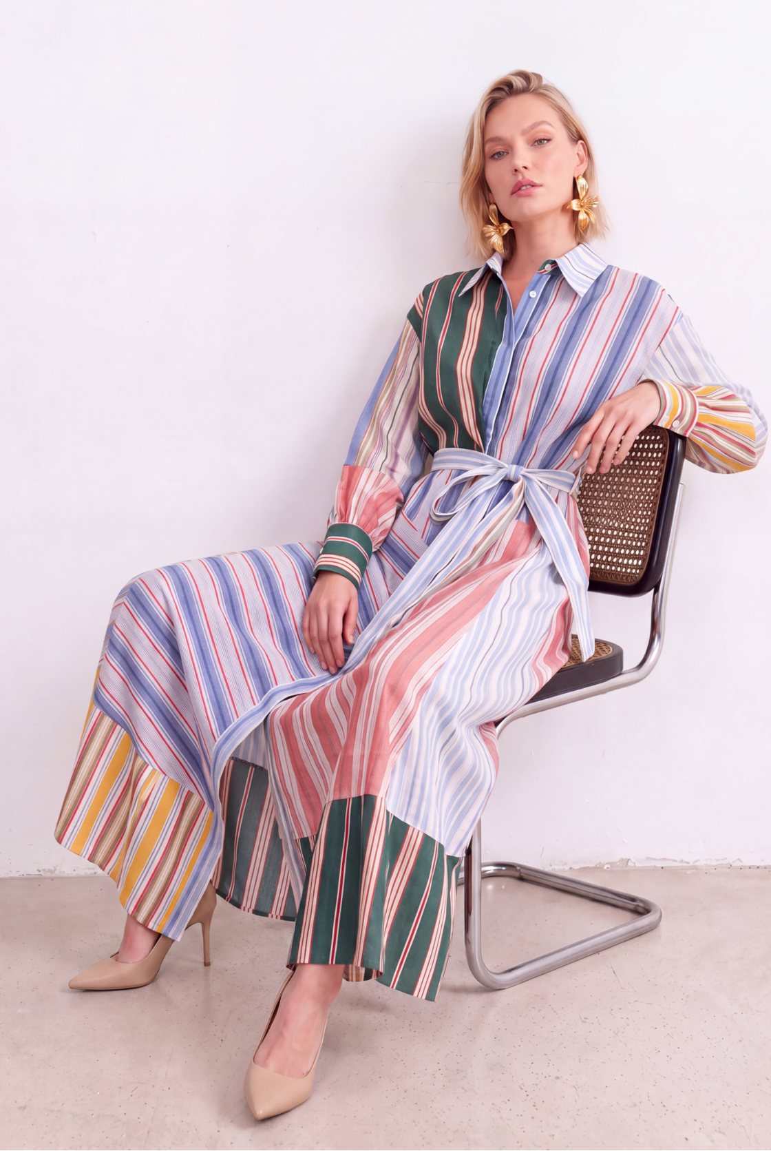 Artisan Stripe Patchwork Linen Maxi Dress editorial view