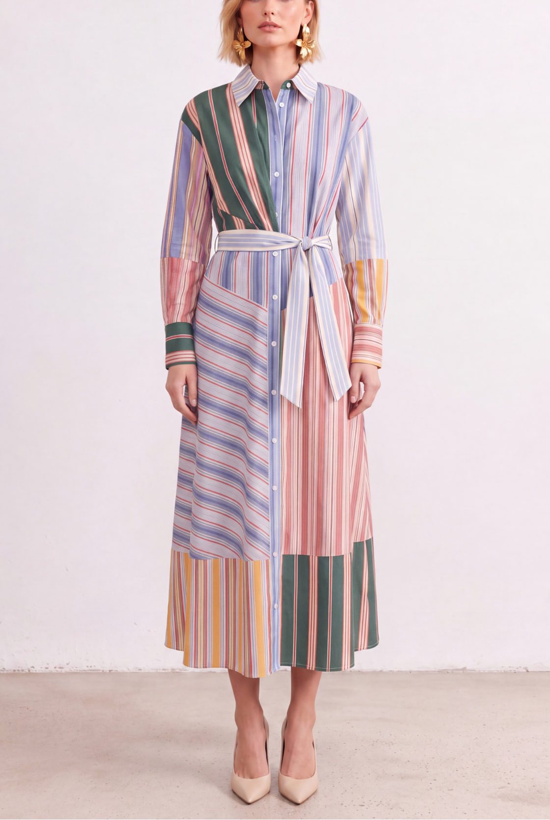 Artisan Stripe Patchwork Linen Maxi Dress front view