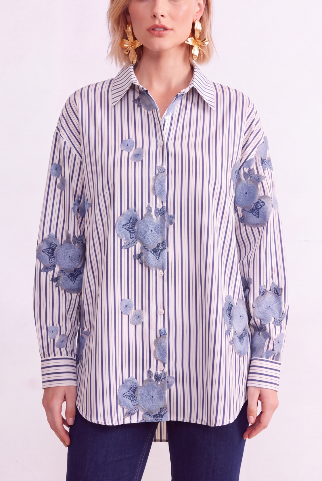 Blue Bloom embroidered stripe shirt front detail